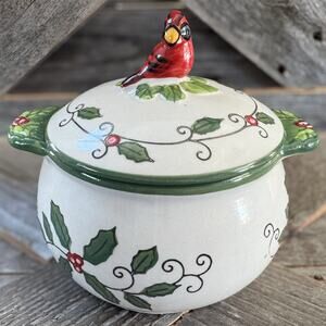 Cardinal & Holly by Temp-Tations by Tara, Ceramic Covered Soup Bowl, 18oz, Disc.